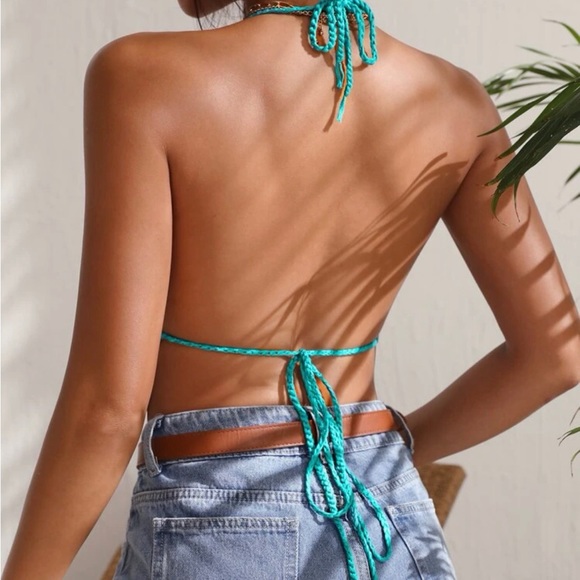 SHEIN VCAY floral and stripped pattern tie backless halter knit top size 4 - Picture 3 of 3